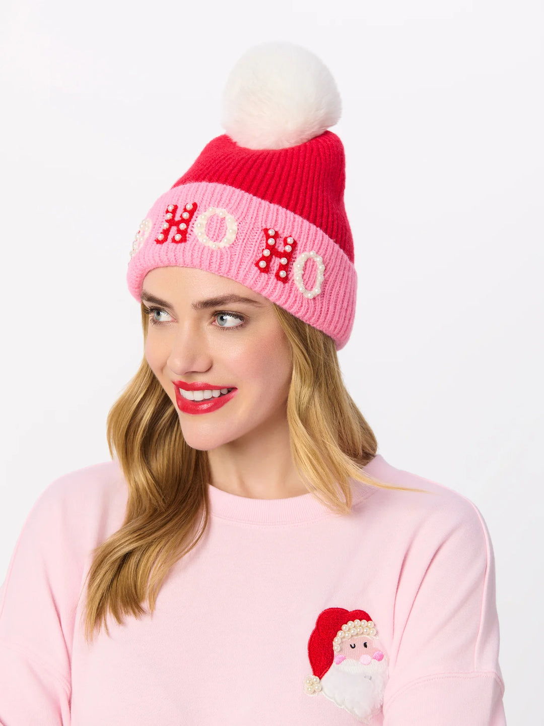 Shiraleah "Ho Ho Ho" Beanie With Pearls, Pink