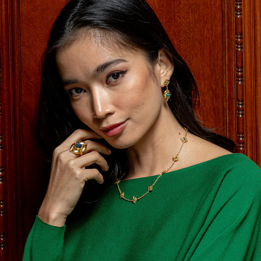 Mystic Eye Post Drop Earrings - Green Onyx