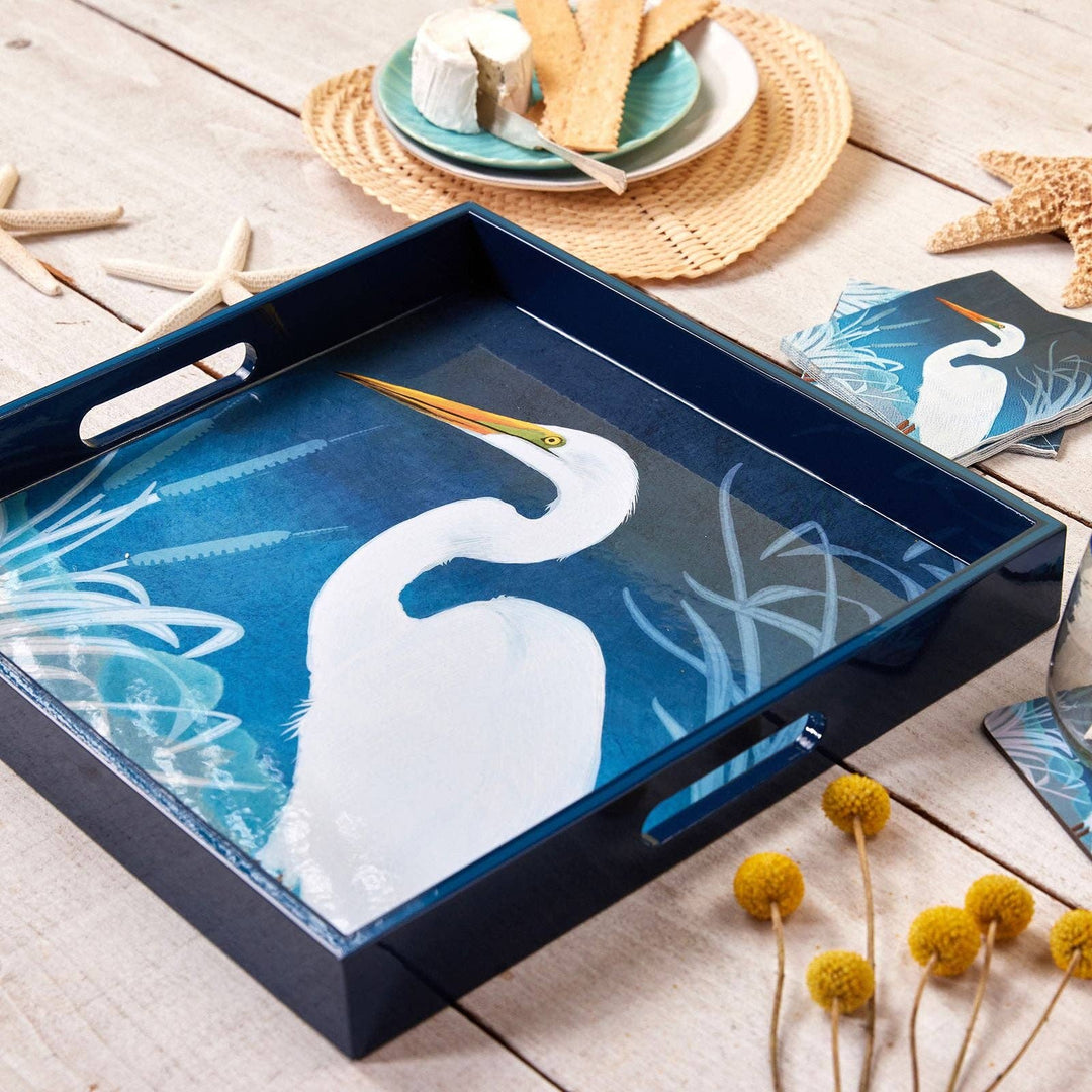 Night Egret Square Lacquer Serving Tray