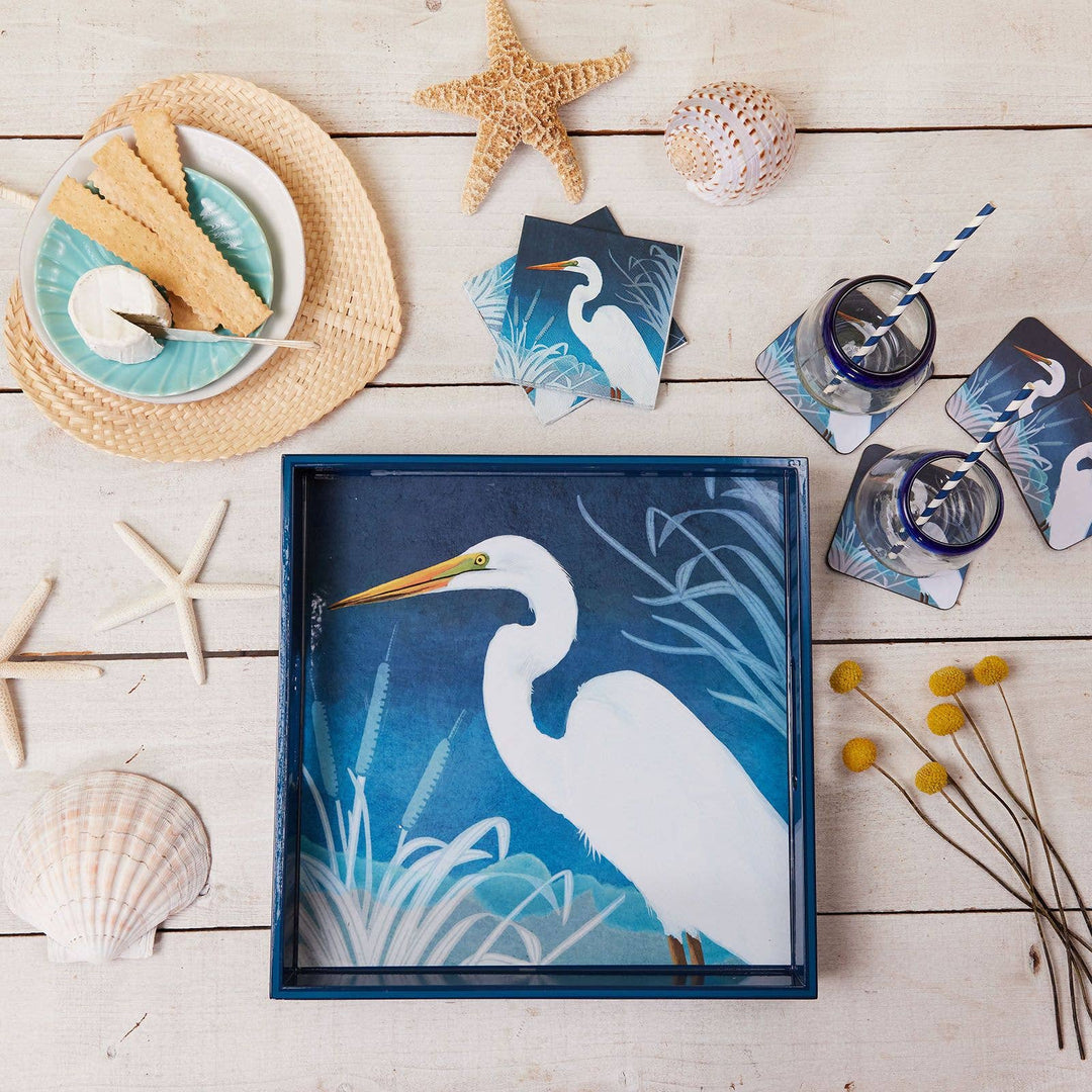 Night Egret Square Lacquer Serving Tray