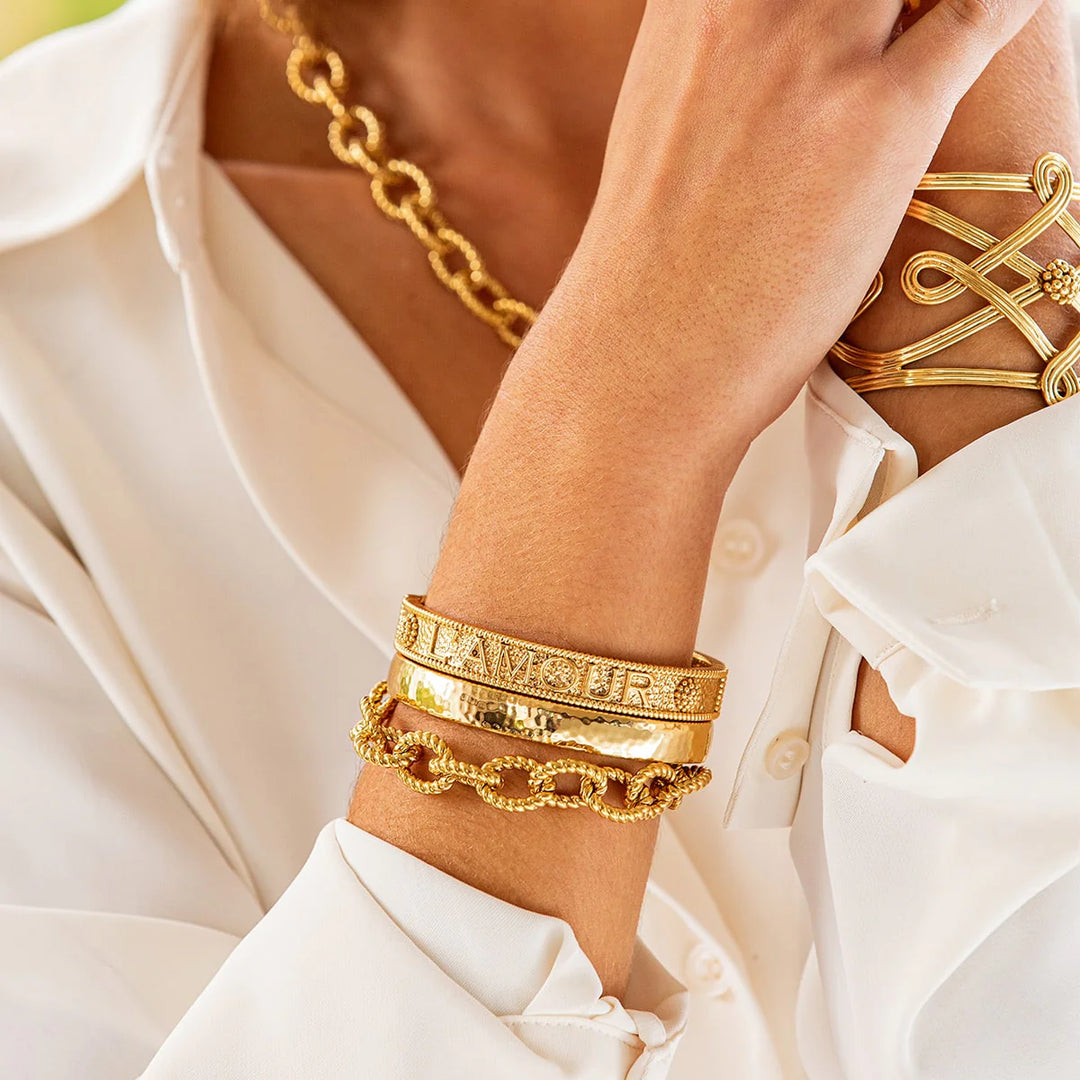 Cleopatra Oval Hinged Bangle - Hammered Gold